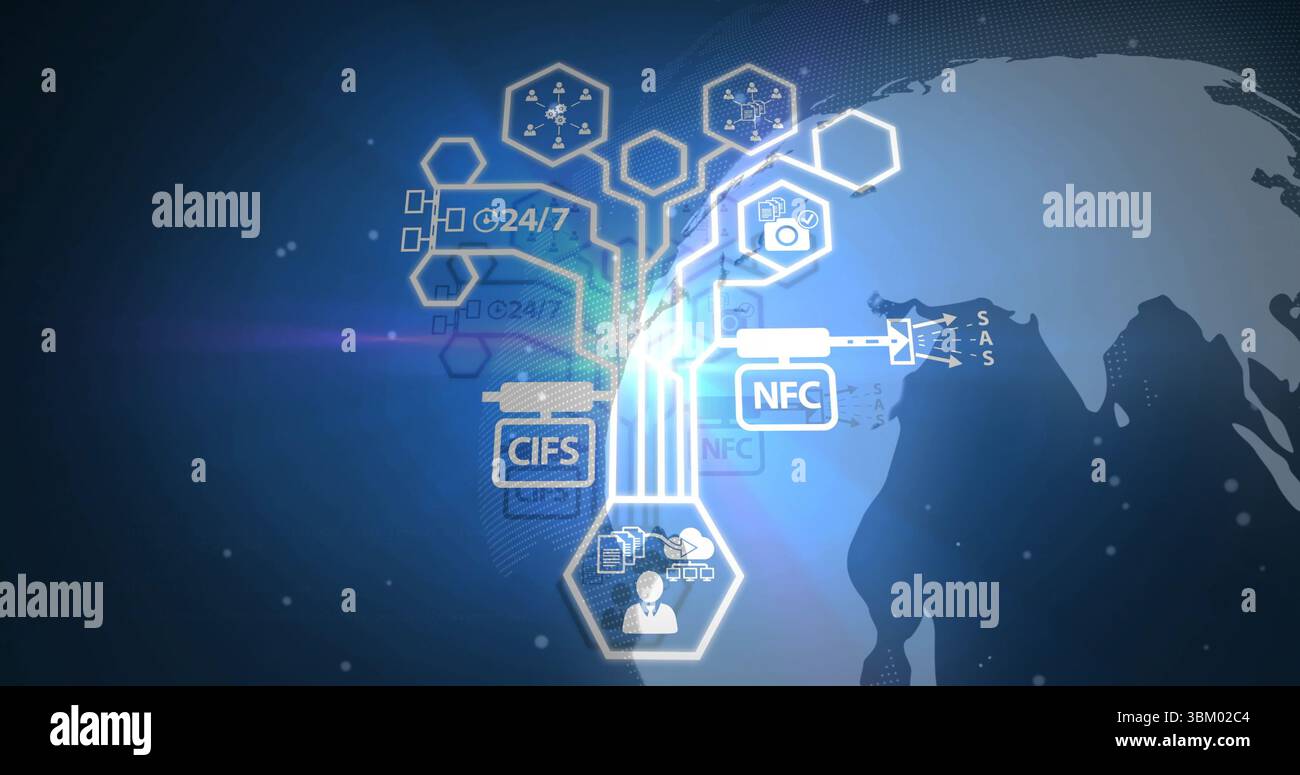 Displaying glowing digital hub linking hexagonal nodes on dark blue  interface, with protocol labels Stock Photo - Alamy