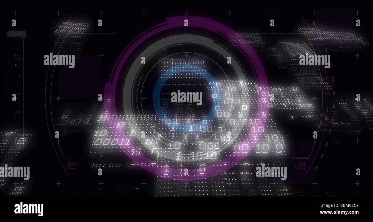 Overlaying digital display, circular interface featuring concentric rings and binary code grid Stock Photo