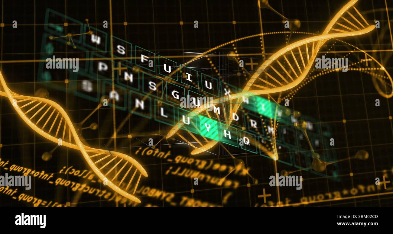 Floating random-letter keyboard grid hovering in data network with DNA helix and circuit chip Stock Photo
