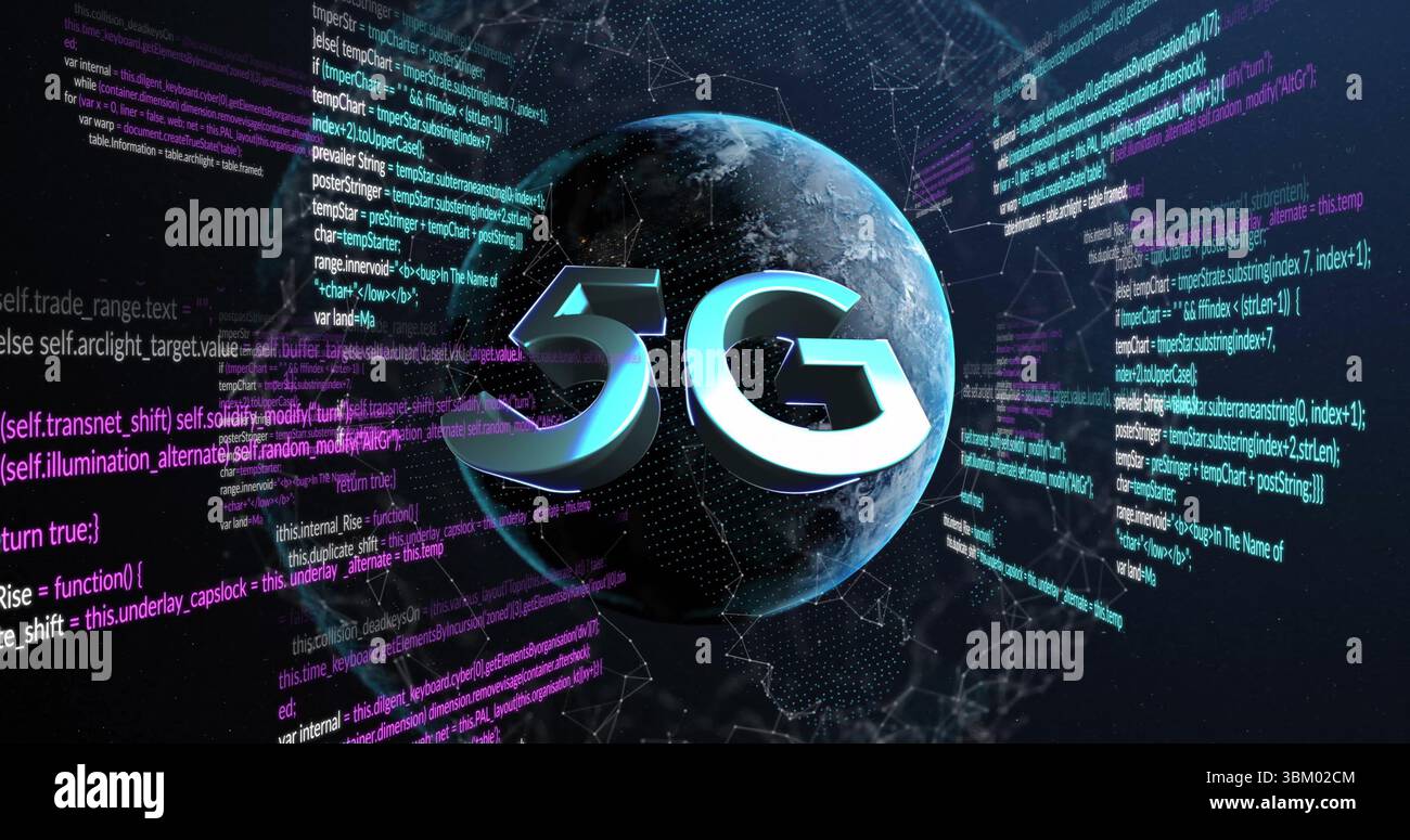 Hovering metallic 5G symbol over blue grey Earth globe in cyberspace, streaming code mesh nodes Stock Photo