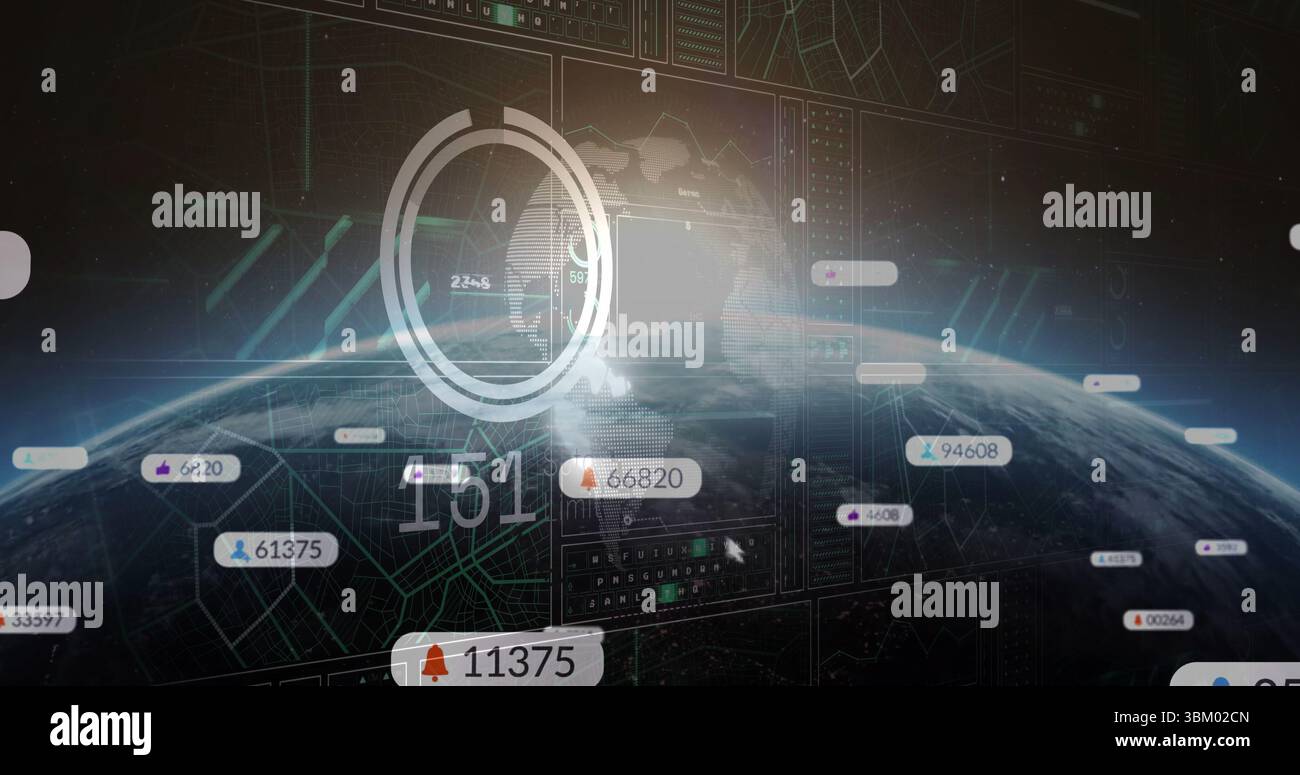 Displaying semi-transparent Earth globe in station interface with HUD, numeric tags, cursor pointer Stock Photo