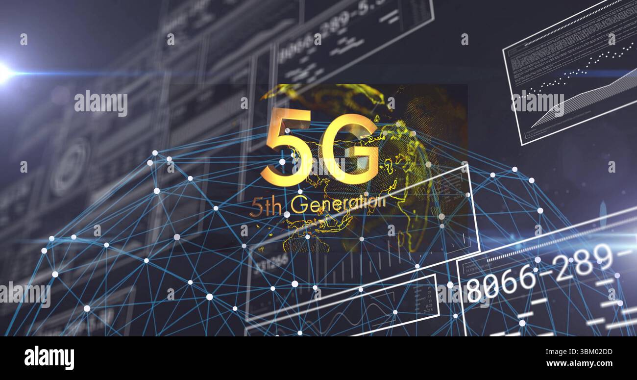Glowing 5G 5th Generation labels hovering above globe in virtual space ...