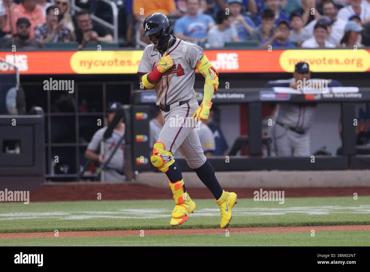 Atlanta Braves' Ronald Acuña Jr. reacts after hitting a home run during ...