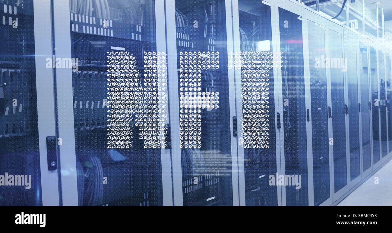 Lining server racks displaying network cables and blinking LEDs in server room aisle, HFT overlay Stock Photo