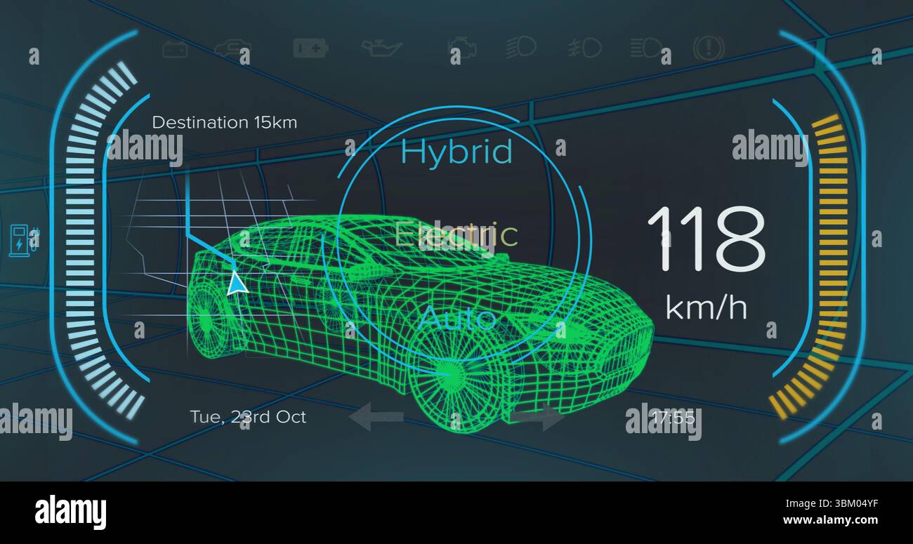 Green 3D wireframesedan rotating in HUD simulation, with drivemode ...