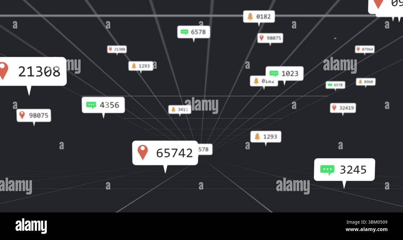 Displaying central bubble floating over dark gray 3D grid, with red pin ...