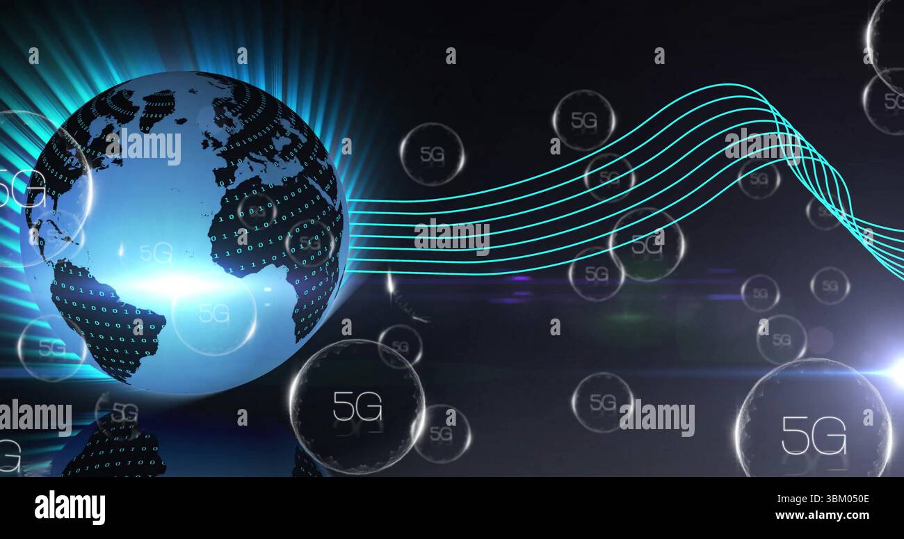 Shining blue Earth globe displaying binary digits on left in futuristic network, with 5G bubbles Stock Photo