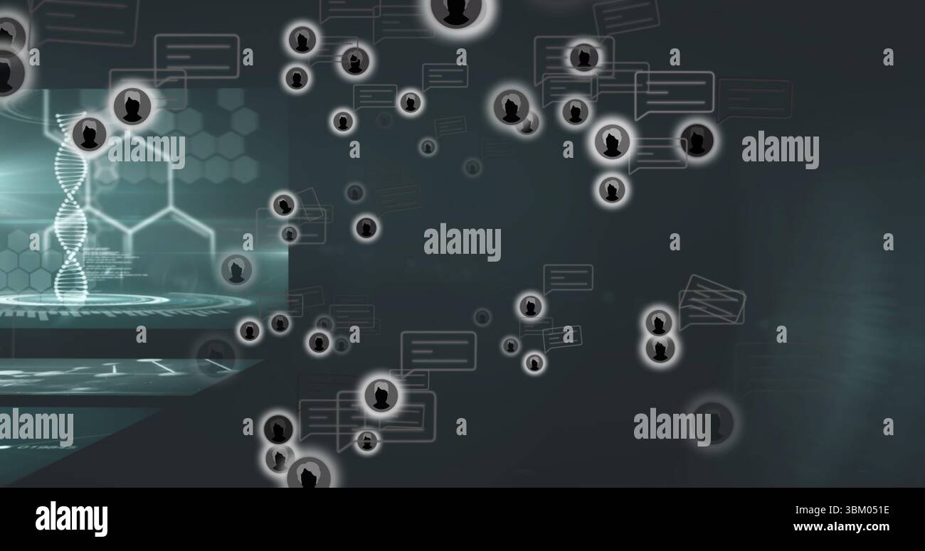 Displaying holographic DNA helix-hexagon panel on interface, user icons, chat bubbles, copy space Stock Photo