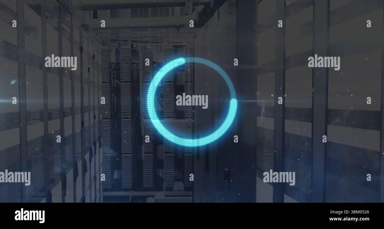 Displaying translucent blue loading graphic pulsing along server racks aisle, with network cables Stock Photo