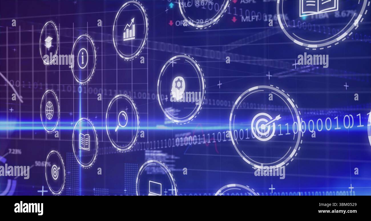 Displaying circular icons moving across blue interface backdrop, with binary grid and light beam Stock Photo