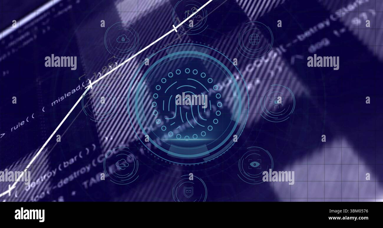 Displaying fingerprint icon scanning on interface, with HUD, grid, graph, code and hovering icons Stock Photo