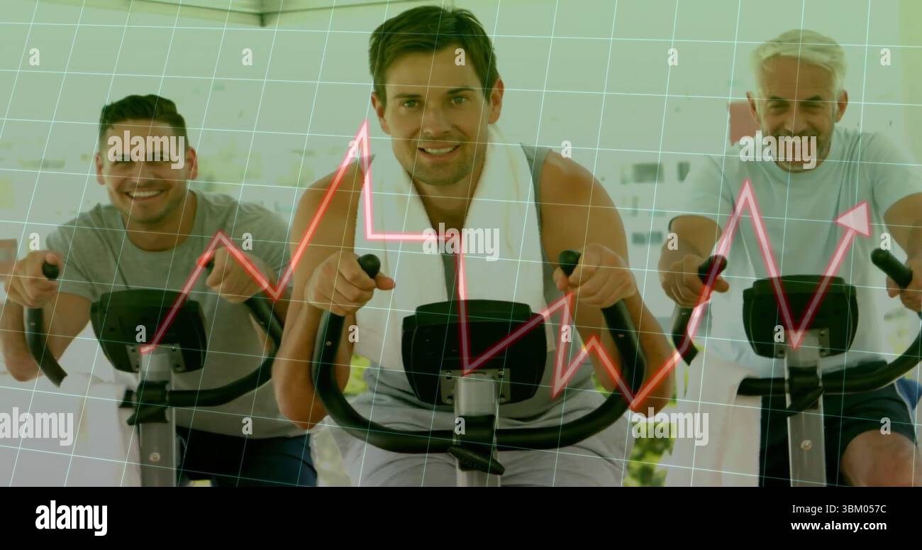 Pindiling Exercise Pedaling three men riding exercise bikes in fitness studio, with white ...