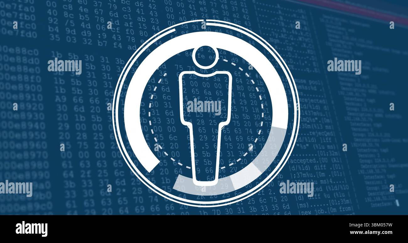 Displaying white human icon pulsing in concentric rings on security dashboard, with code overlay Stock Photo