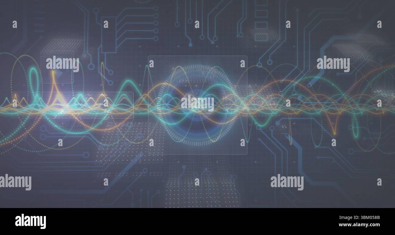 Displaying multicolored waveforms rippling around ring pattern on digital panel, with data nodes Stock Photo