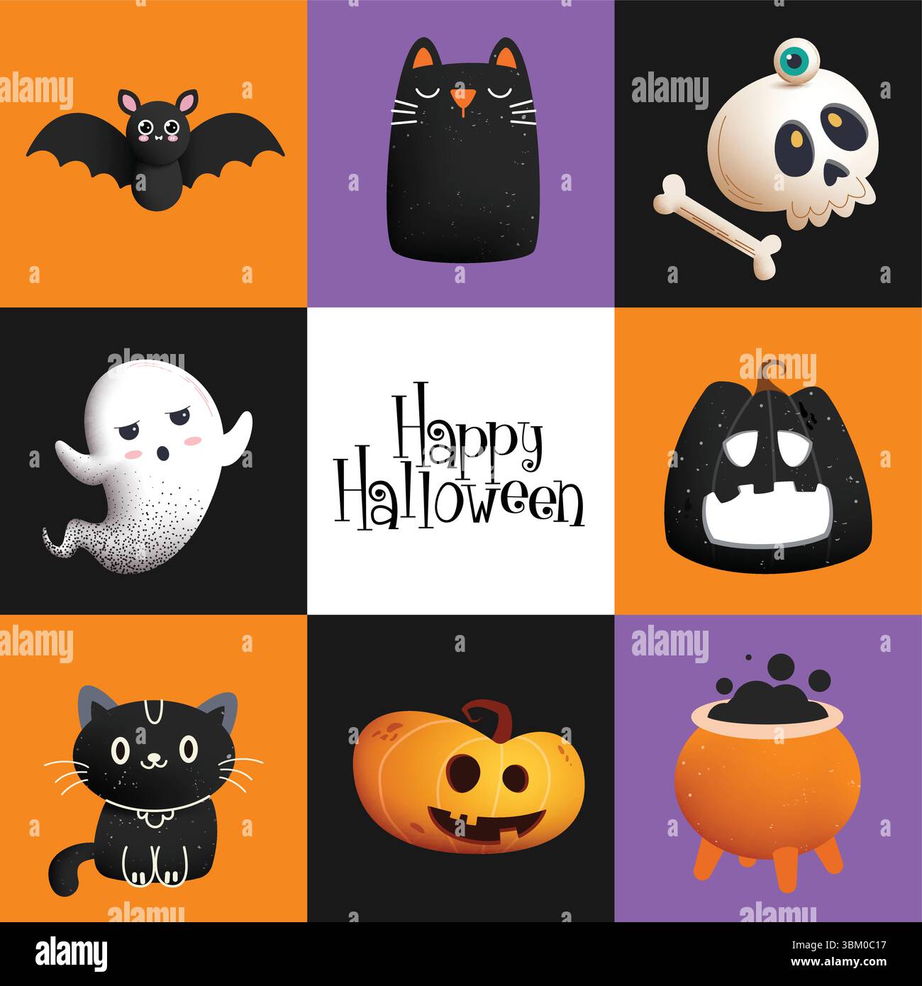 Happy Halloween characters clipart set. Halloween seamless pattern in geometric concept with bat, skull, ghost, pumpkin and cauldron elements in color Stock Vector