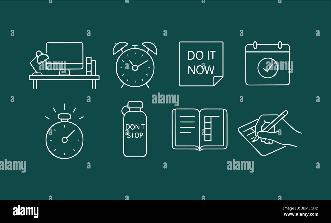 Boost Productivity with Essential Icons for Time Management and Task Completion Stock Vector