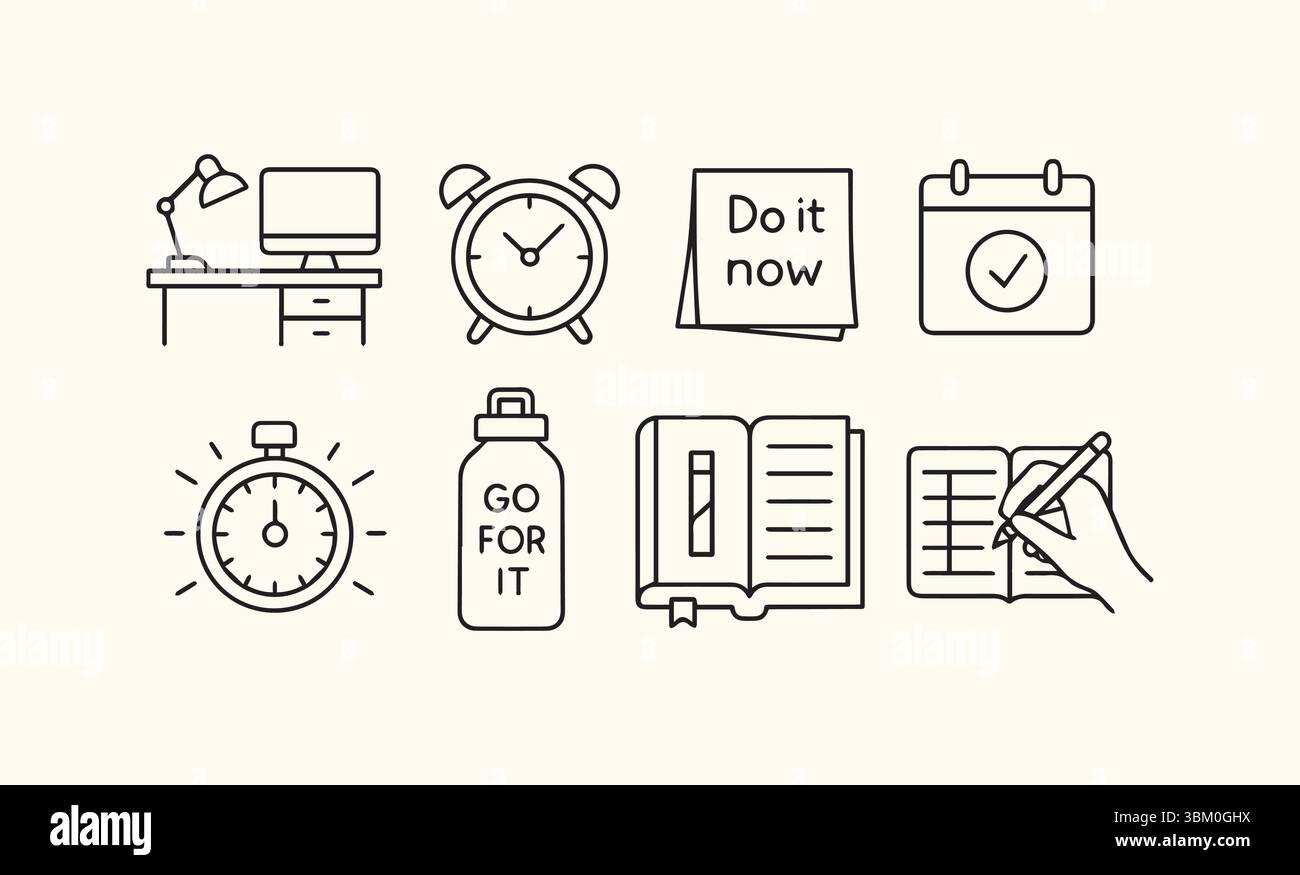 Boost Productivity with Essential Icons for Time Management and Task Completion Stock Vector