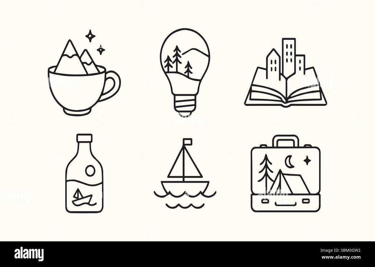 Whimsical Line Art Collage: Journey Through Dreamy Destinations and Adventures Stock Vector