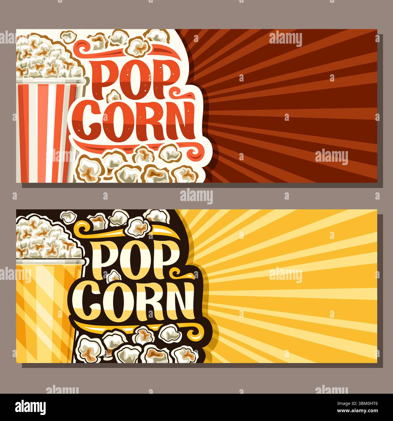Vector horizontal layout for Pop Corn with blank copyspace for ad, illustration of delicious popcorn in large carton bowl, unique brush lettering for Stock Vector