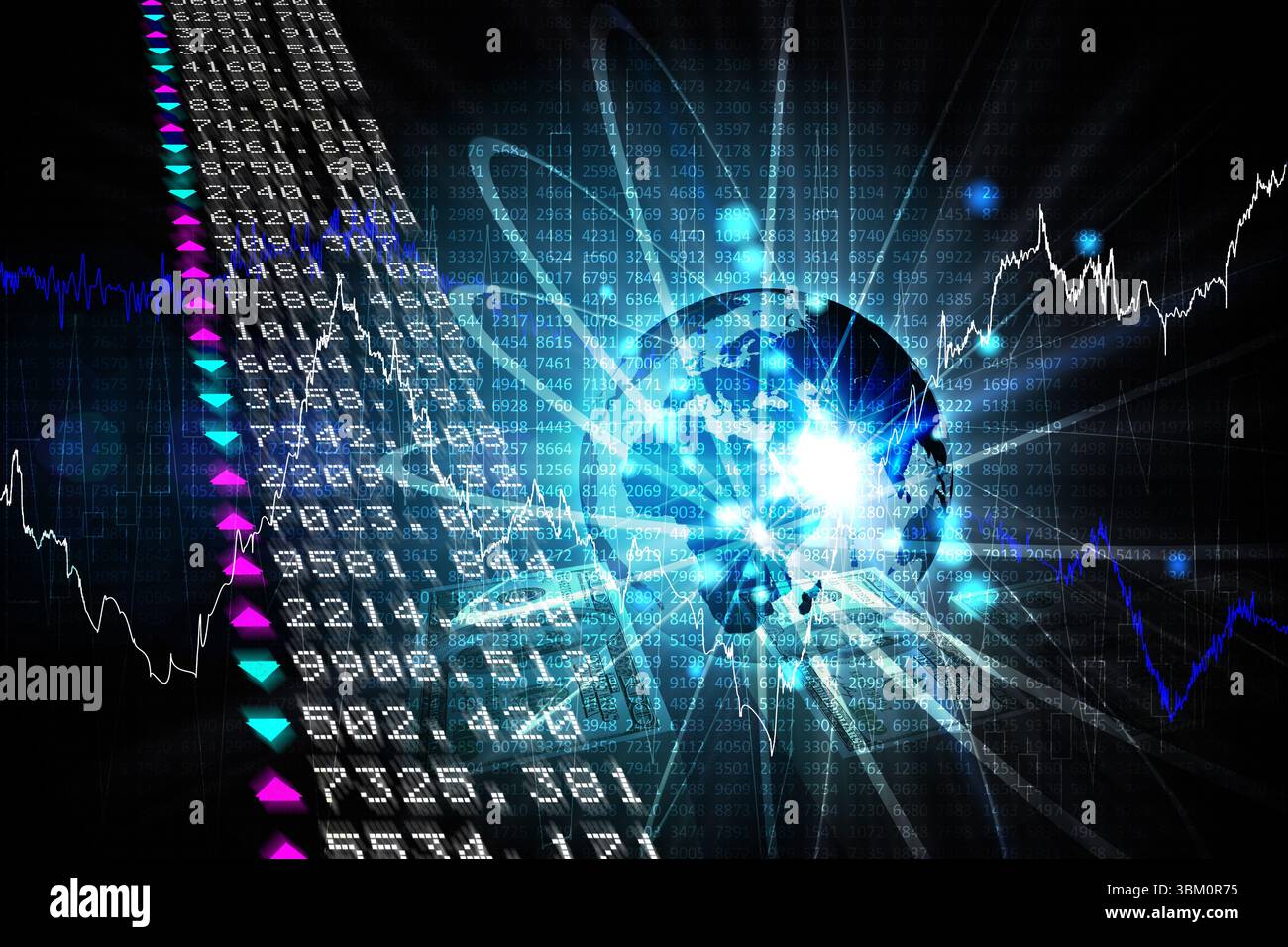 3D render is combining global data streams, colored arrows and line charts around glowing globe Stock Photo