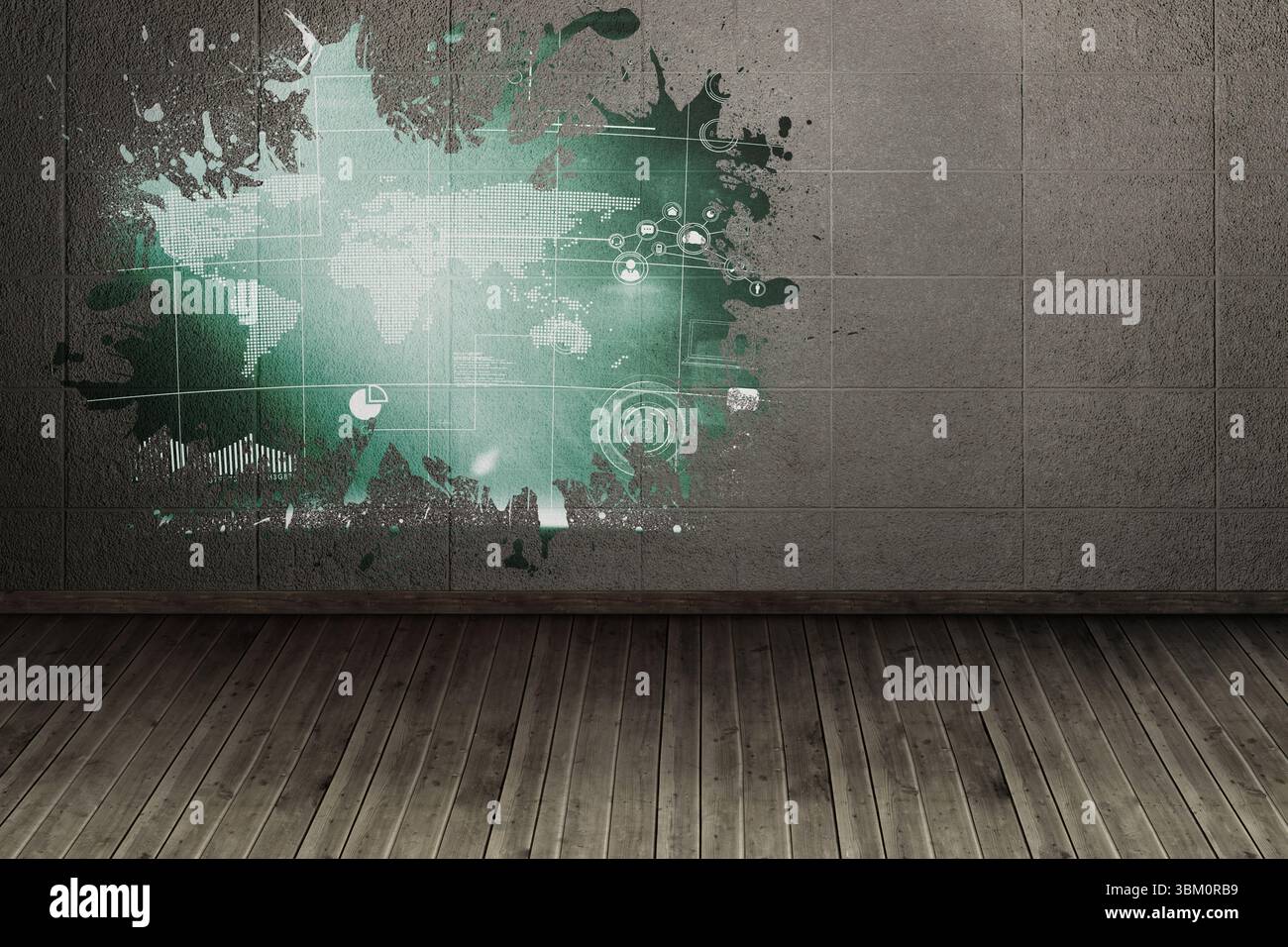 Splash on wall revealing technology interface Stock Photo