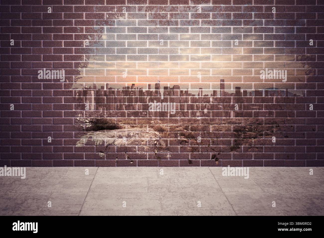 Splash on wall revealing cityscape Stock Photo
