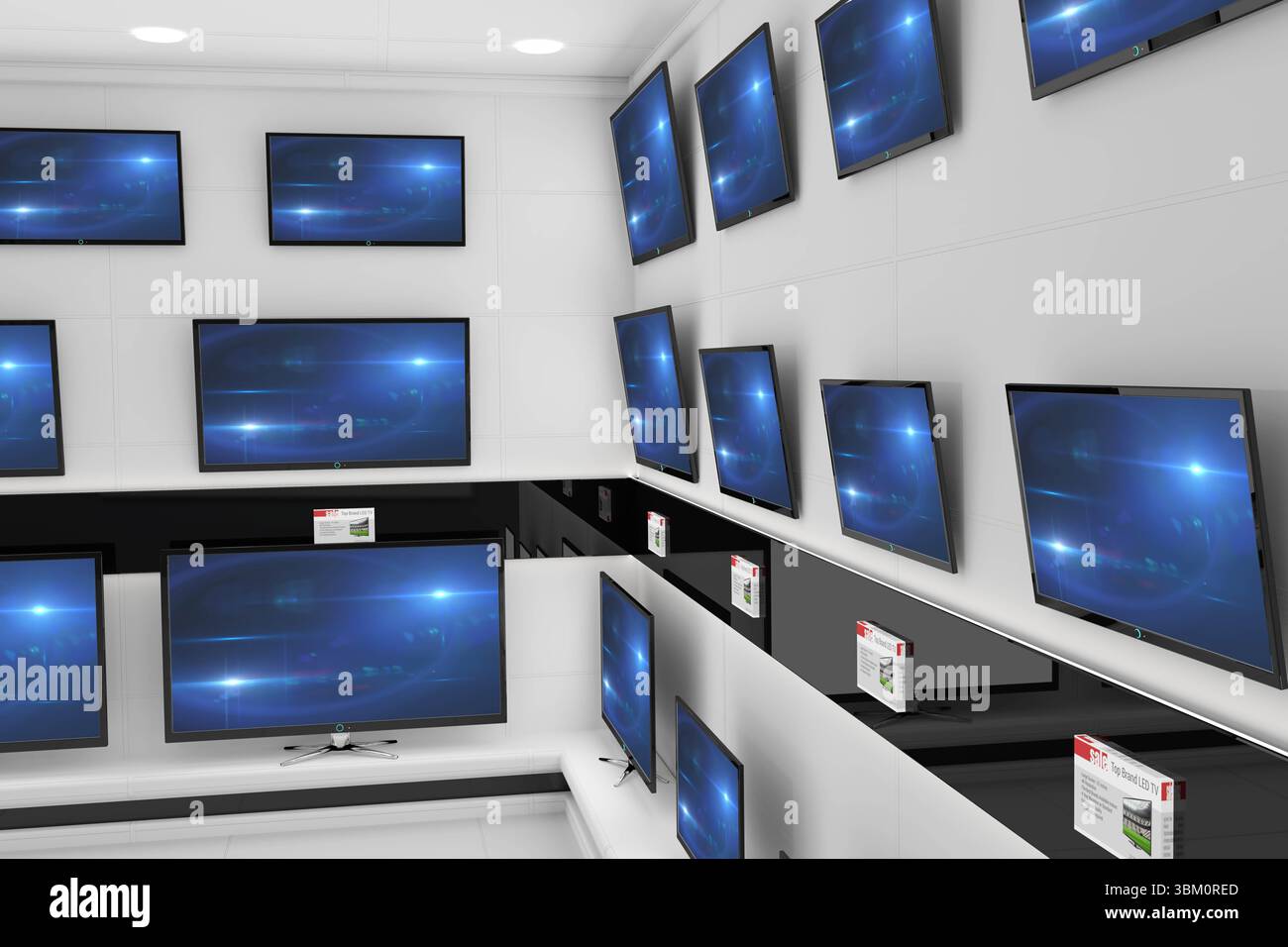 Flat design showroom is featuring flat TVs showing blue glow on white shelves with info tags Stock Photo