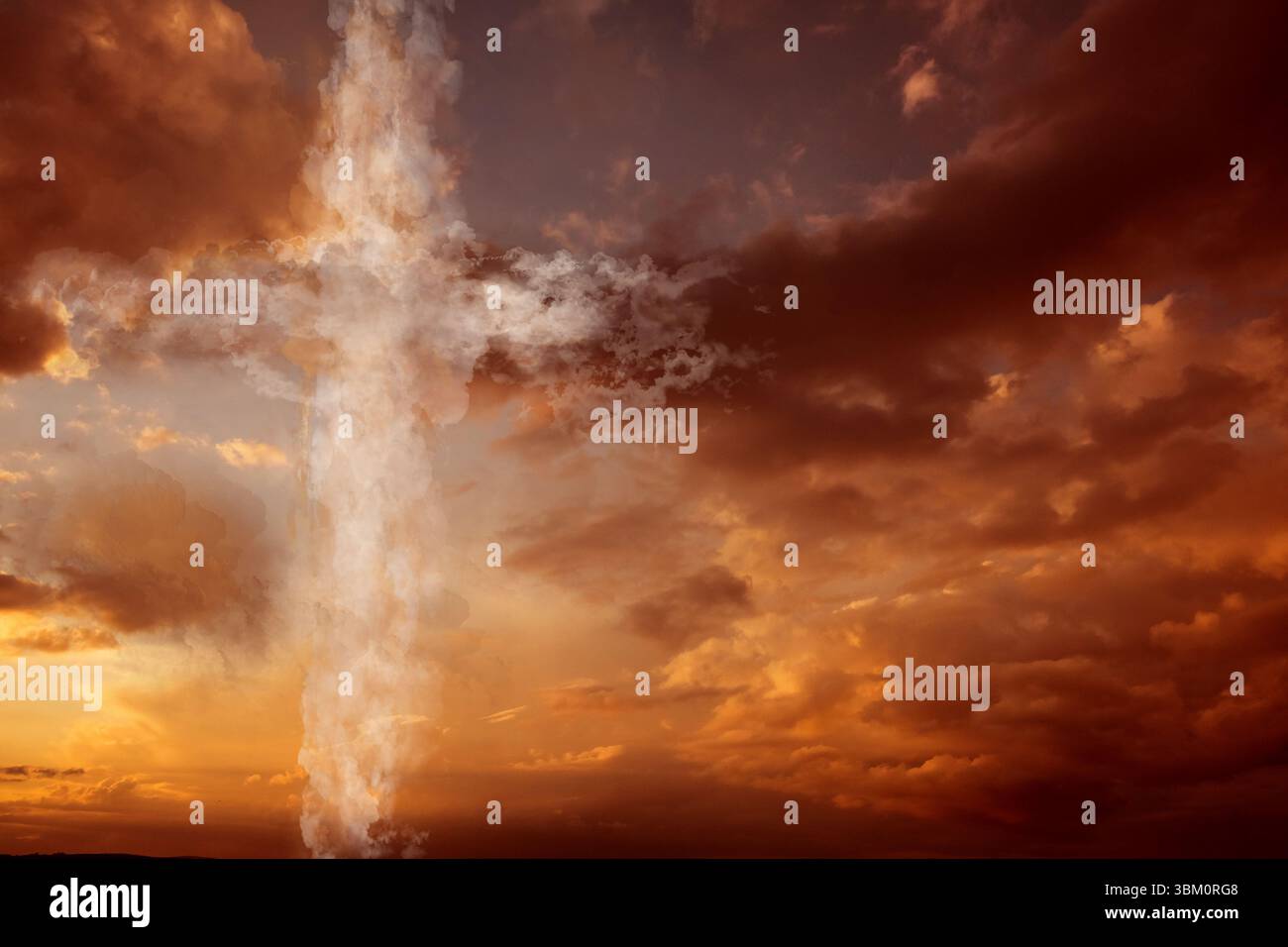 Sunset sky is showing vertical bright cloud column crossing horizontal wisp in flat design Stock Photo