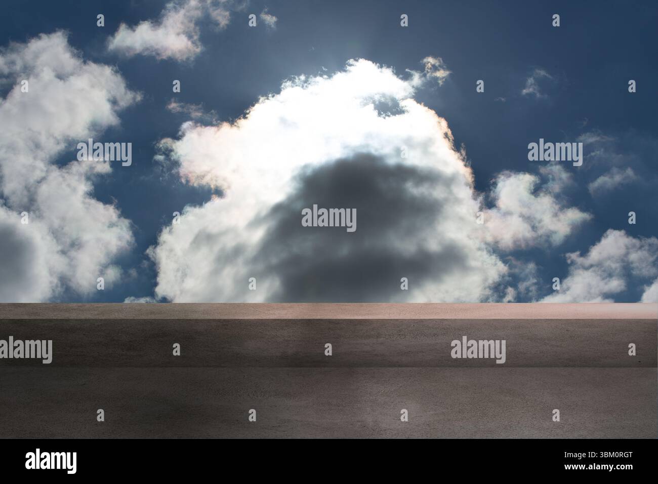 Flat illustration showing concrete ledge running across sky as sunlight backlighting cumulus cloud Stock Photo