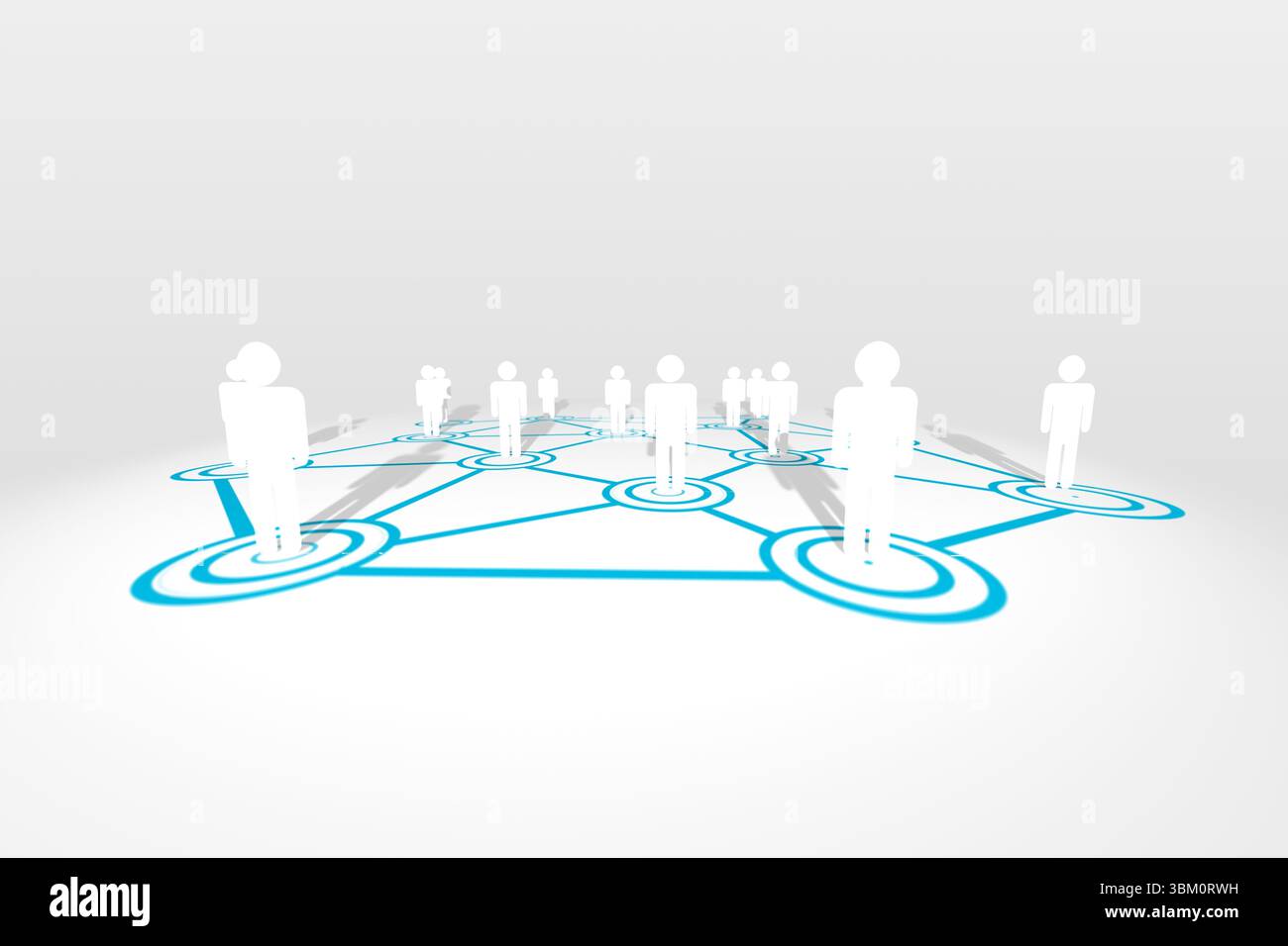 White 3D figures are standing on blue nodes linking via lines, casting shadows on gradient backdrop Stock Photo