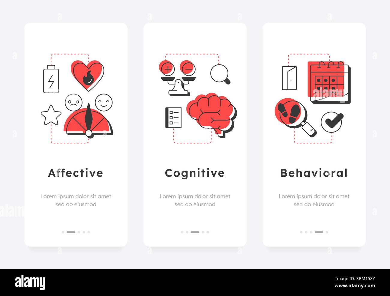Job attitude components mobile app onboarding screens Stock Vector