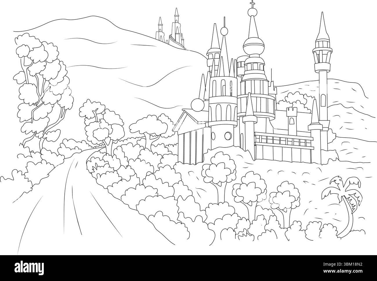 A black and white line art illustration depicting a fantastical castle ...