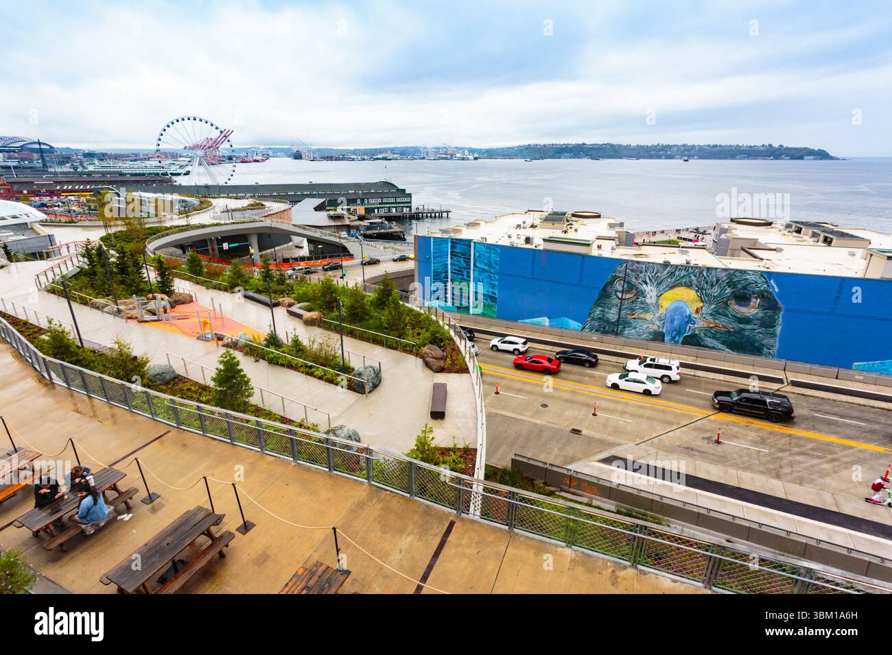 Street Art for Mankind mural-Ecosystem Restoration, the Seattle Aquarium and Big Wheel, Seattle, Washington State, USA. (Editorial Use Only) Stock Photo