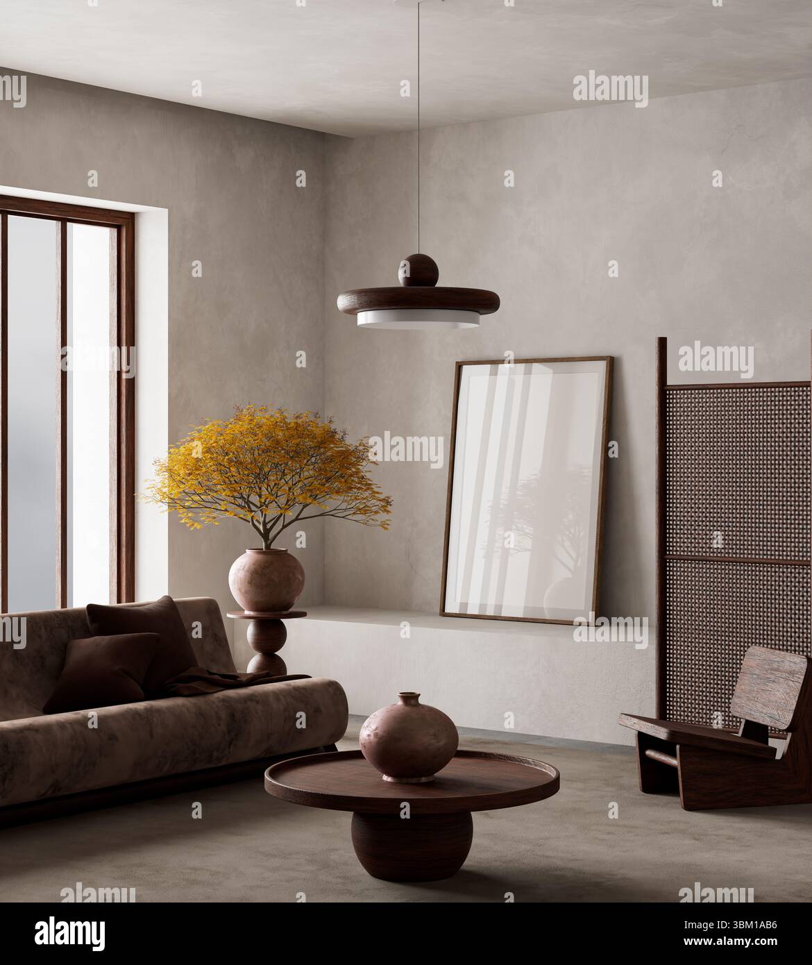 View of A stylish living room blending earthy tones, natural textures, and ...