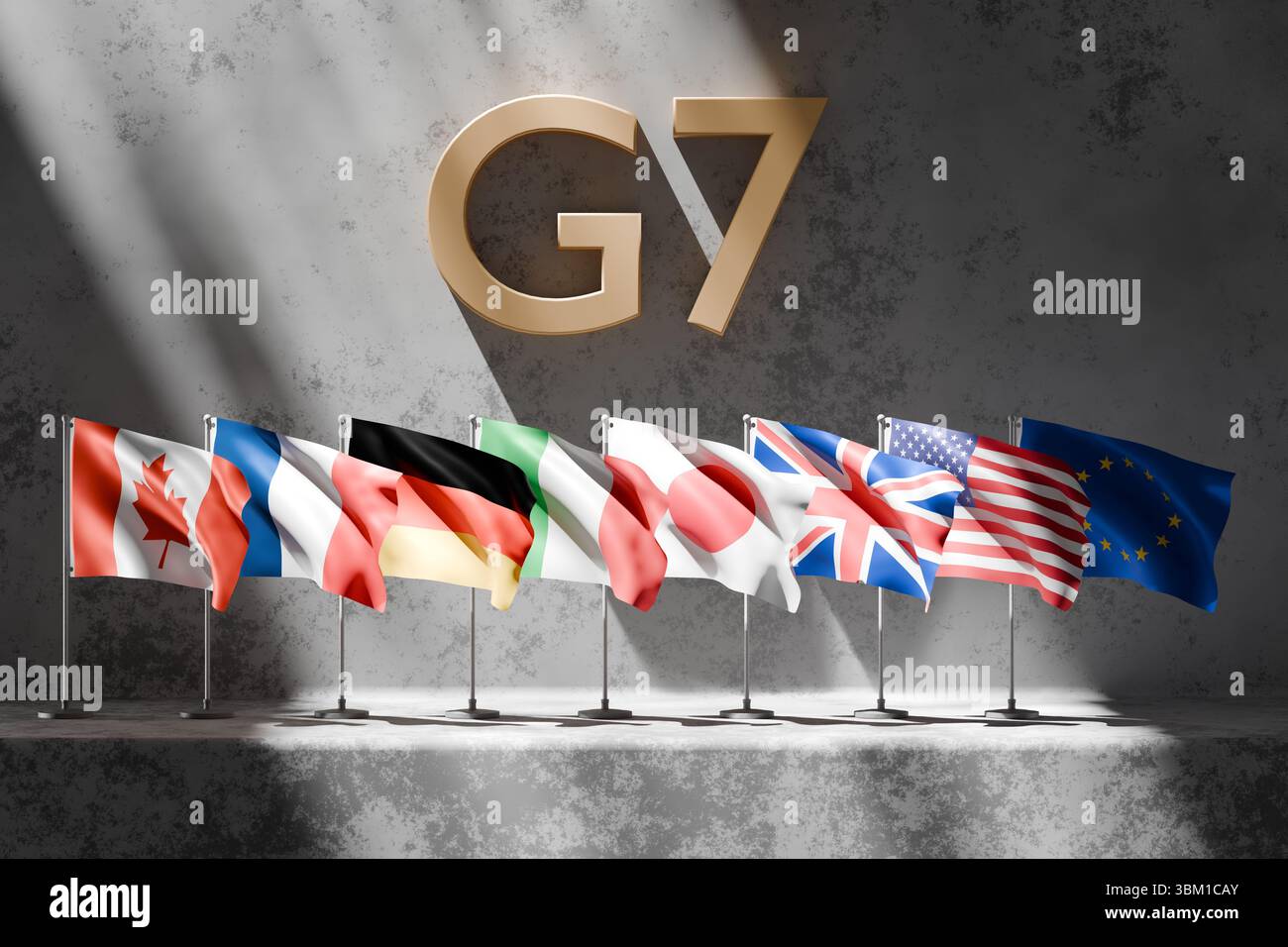 A set of flags representing G7 member countries is arranged on stands ...