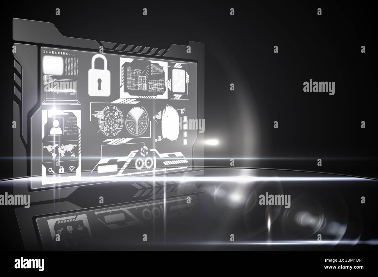 Futuristic 3D interface is floating above dark surface displaying padlock icon and data charts Stock Photo