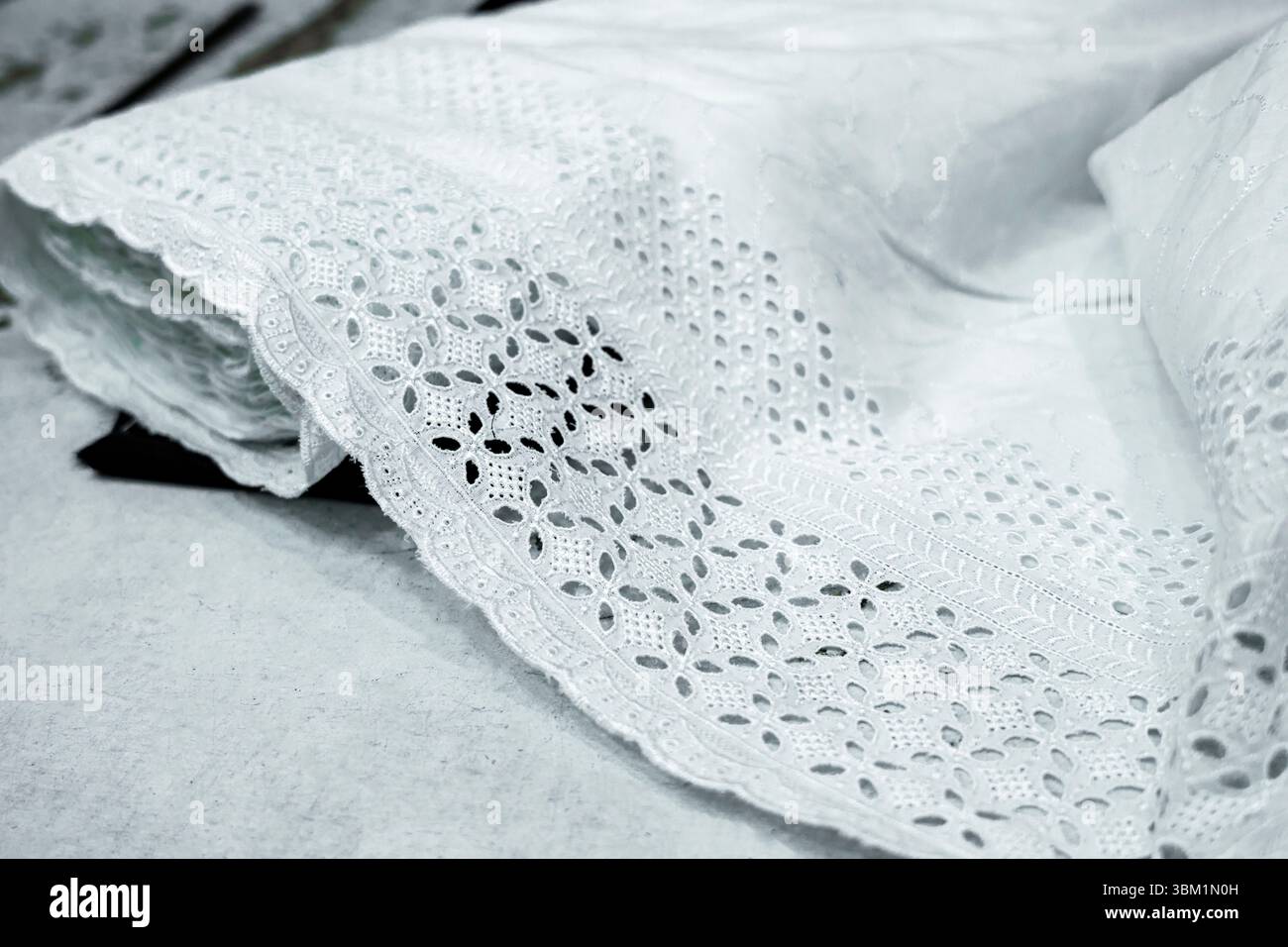 Detailed close-up showcasing the intricate design of white eyelet lace ...