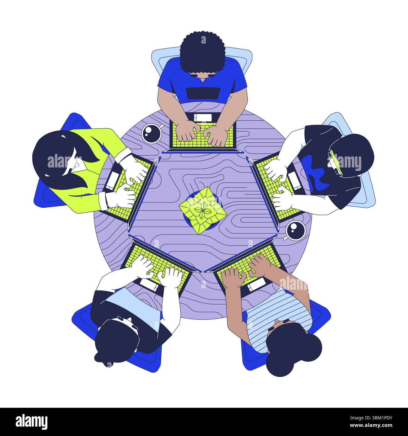 Hackathon programming group top view 2D vector illustration Stock Vector