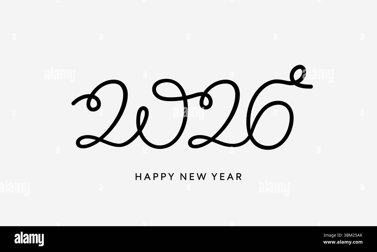 2026 continuous thin line number, hand lettering logo card Stock Vector