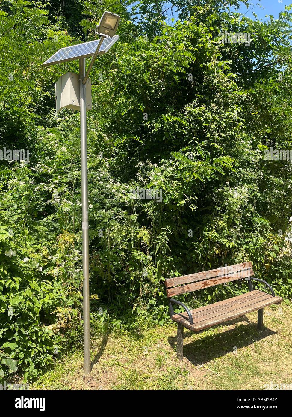 Forest bench with solar panel at Krushuna Waterfalls in Bulgaria, providing sustainable rest point for hikers and tourists, Eastern Europe, Balkans - Smartphone Captured Stock Image