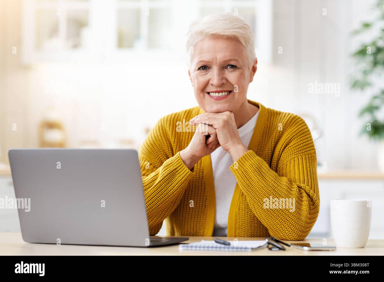 Happy elderly lady waiting for webinar, using laptop Stock Photo