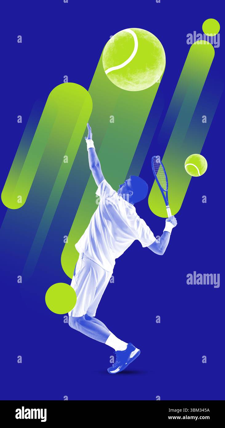 Tennis player in midst of serve, surrounded by artistic green and blue design features that highlight movement and concentration. Stock Photo