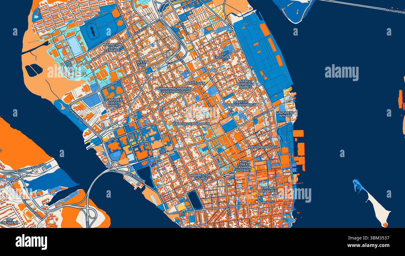 Colorful Charleston Art Map with Labels and Buildings with many details ...