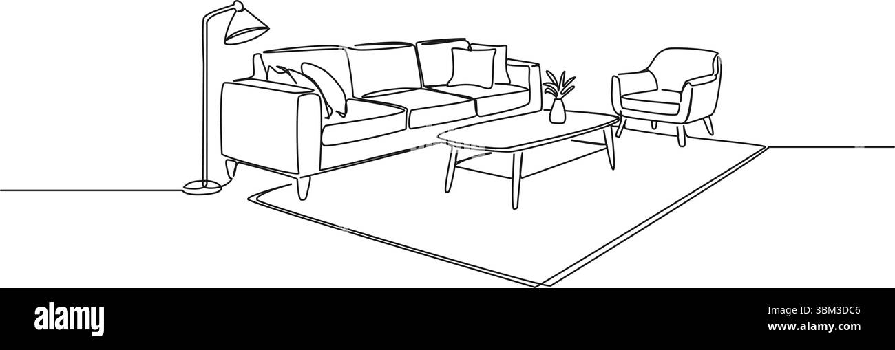 continuous single line drawing of living room furniture, line art ...