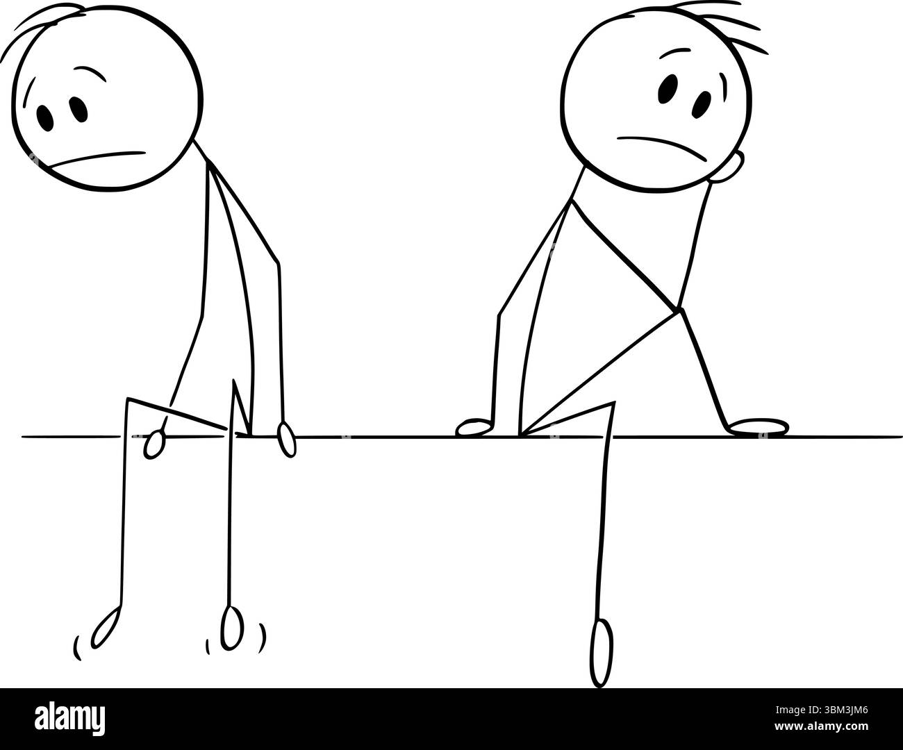 Two sad men or person sitting, vector cartoon stick figure or character ...