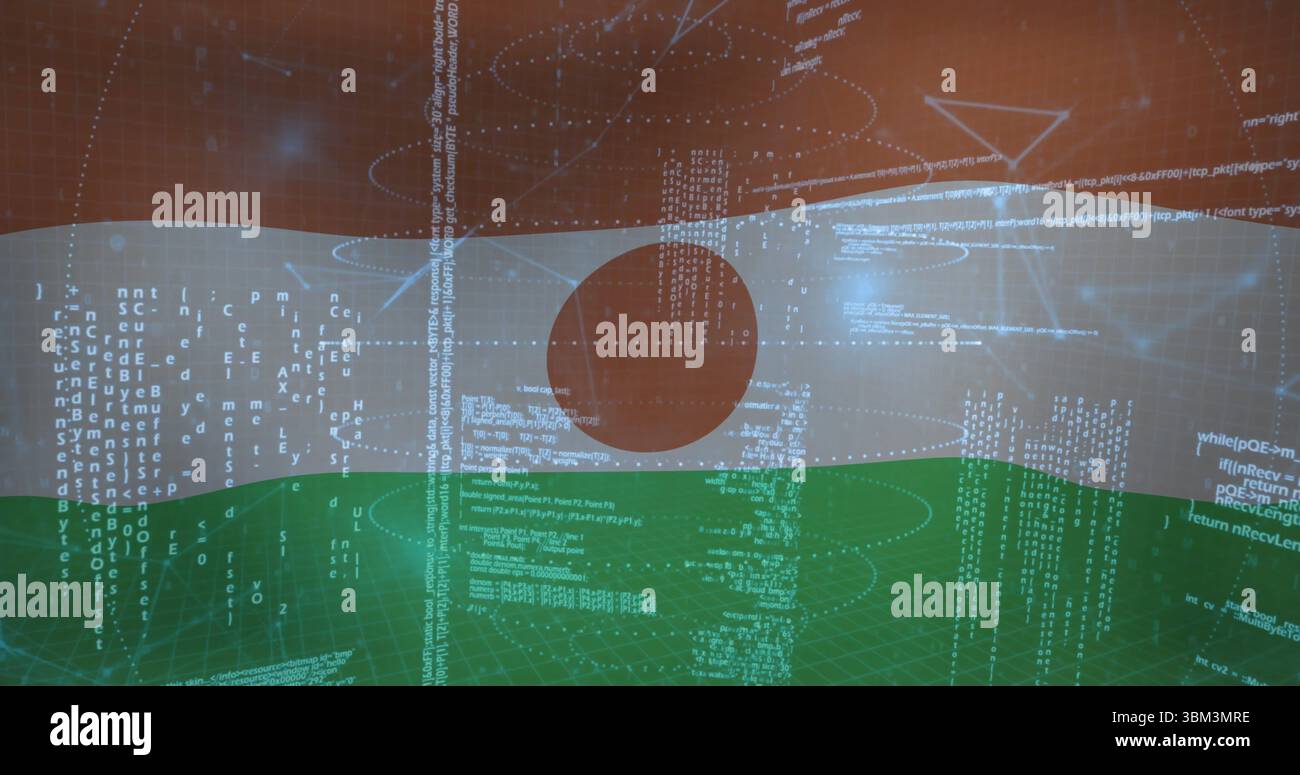 Displaying 3D Niger flag floating in cyberspace, streaming code, grid floor, translucent overlays Stock Photo