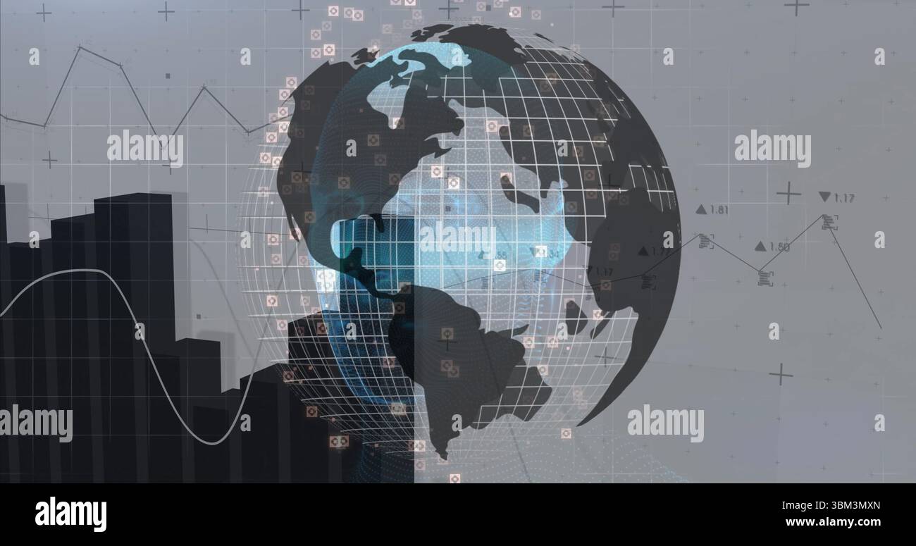 Spinning stylized globe drifting in digital abstract backdrop, with data-node icons and bar charts Stock Photo