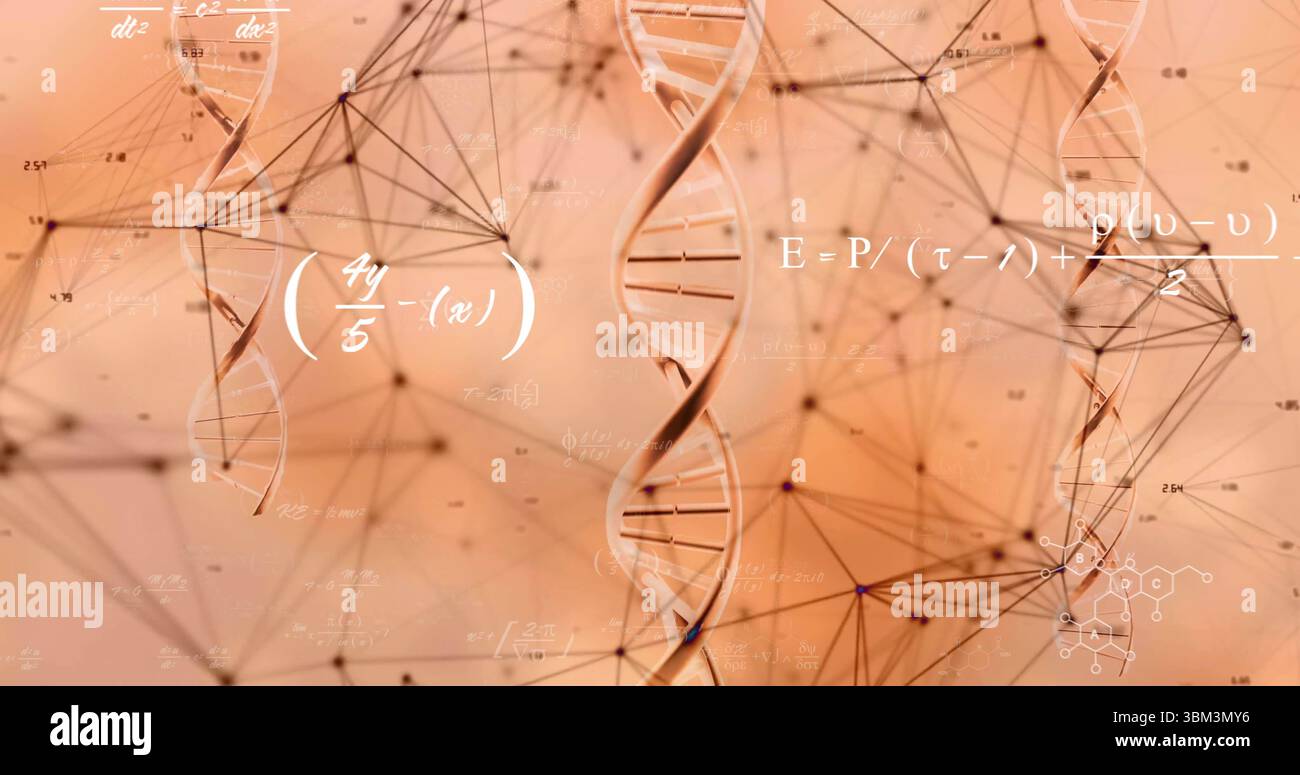 Displaying central DNA helix intertwining on peach gradient with digital nodes, links and formulas Stock Photo