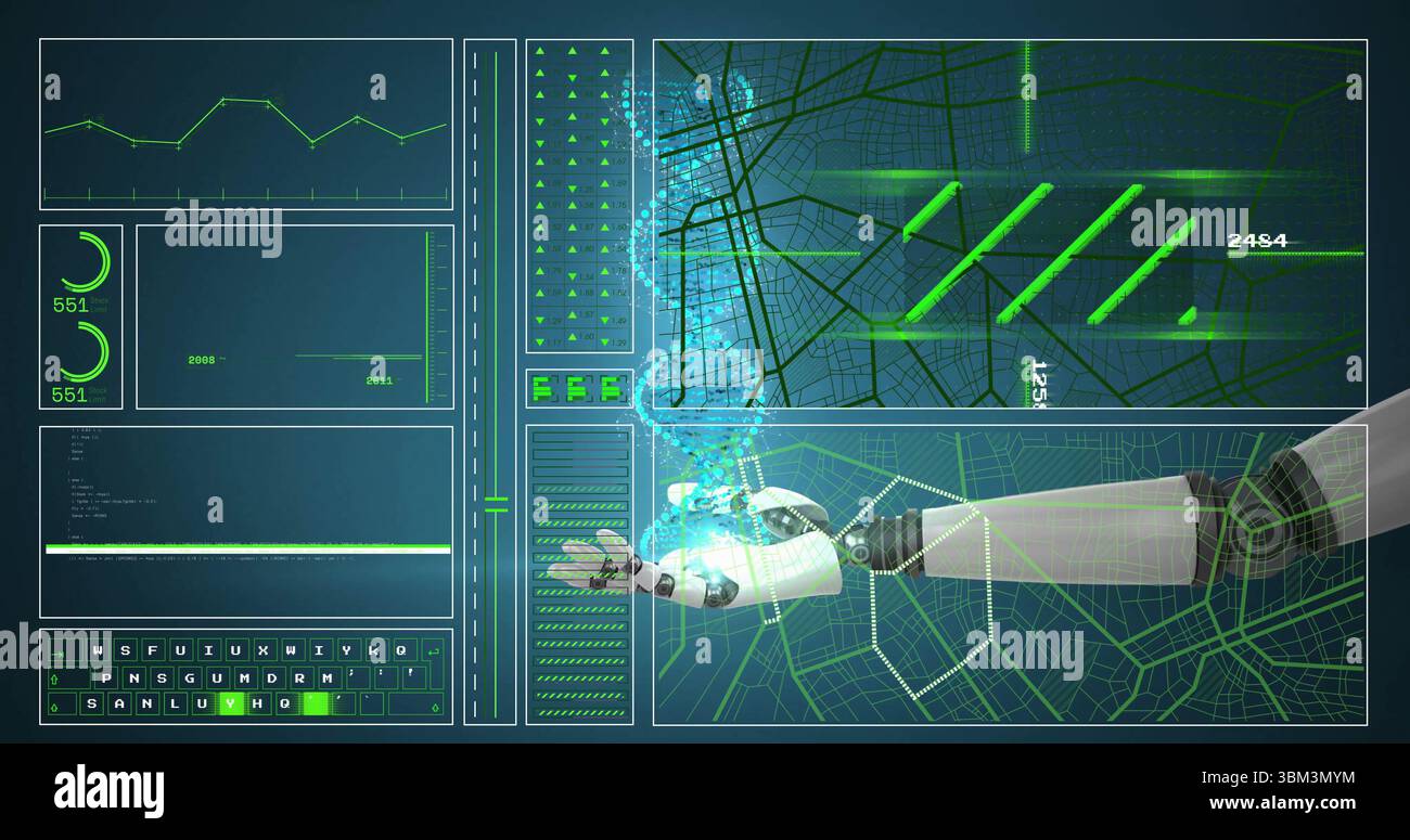 Tracking robotic arm extending in virtual control room, displaying hex grid and code, copy space Stock Photo