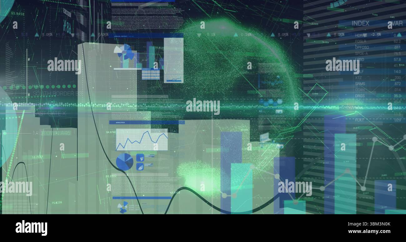Green particle sphere pulsing in grid workspace, with UI panels, charts ...